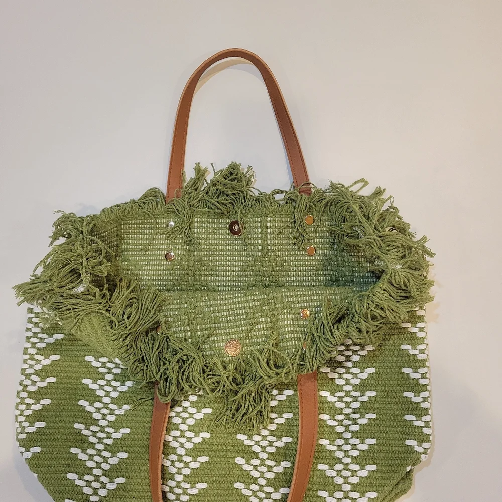 Green Fringe Woven Tote Bag with White Accent